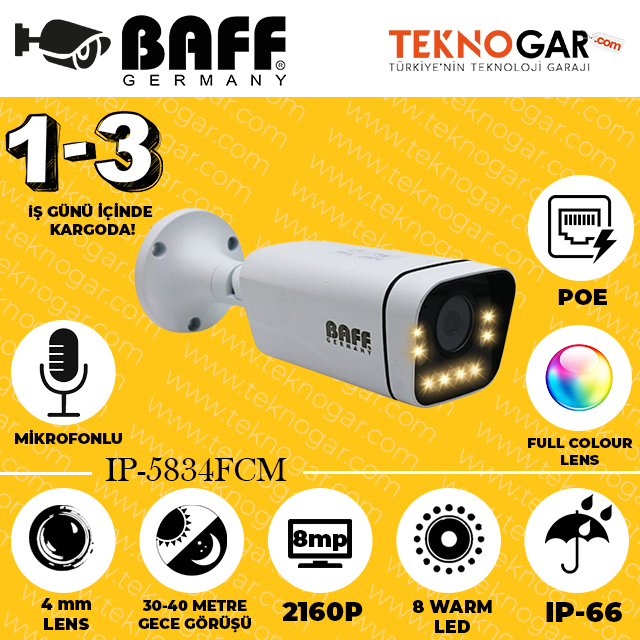 BAFF IP-5834FCM 4mm 8MP 8 WARM LED POE (MİKROFONLU)