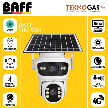 BAFF SIM-5700 6MP 4G Solar Güvenlik Kamerası Çift Lensli SIM Kartlı PTZ Kamera