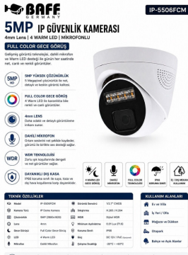 BAFF IP-5506FCM 5MP 4mm Lens Mikrofonlu 4 Warm LED Full Color IP Güvenlik Kamerası