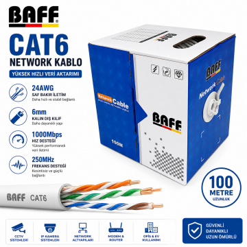BAFF CAT6 23AWG 6mm 100 Metre Network Ethernet Kablosu CCTV ve IP Kamera Uyumlu