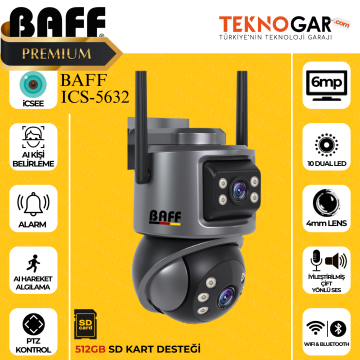 BAFF ICS-5632 6MP Çift Kameralı WiFi Akıllı Güvenlik Kamerası AI Hareket Takipli ICSee Destekli