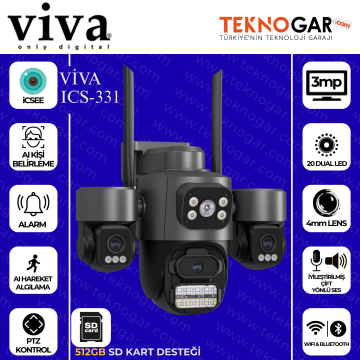 VİVA ICS-331 3MP 3 Kameralı WiFi Akıllı Güvenlik Kamerası AI Hareket Takipli PTZ ICSee Destekli