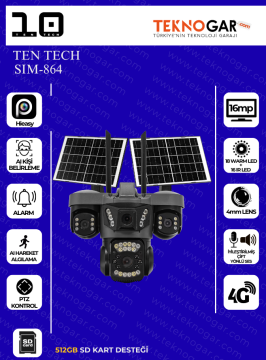 TEN TECH SIM-864 AOV 4G + 2 Solar Hieasy 16MP 4 Kameralı Güneş Panelli SIM Kartlı Güvenlik Kamerası Türkçe