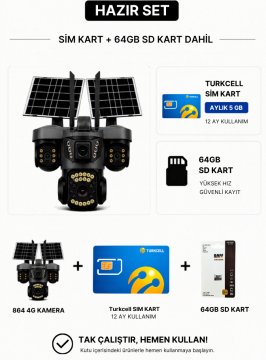 864 4G Güneş Enerjili Güvenlik Kamerası Hazır Set (12 Ay Turkcell SIM Kart + 64GB SD Kart Dahil)