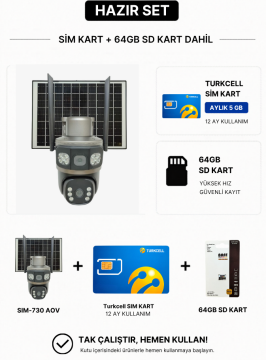 VIVA SIM-730 AOV 4G Solar iCSee Dual Güvenlik Kamerası Hazır Set | 12 Ay Turkcell Hat + 64GB SD Kart Dahil